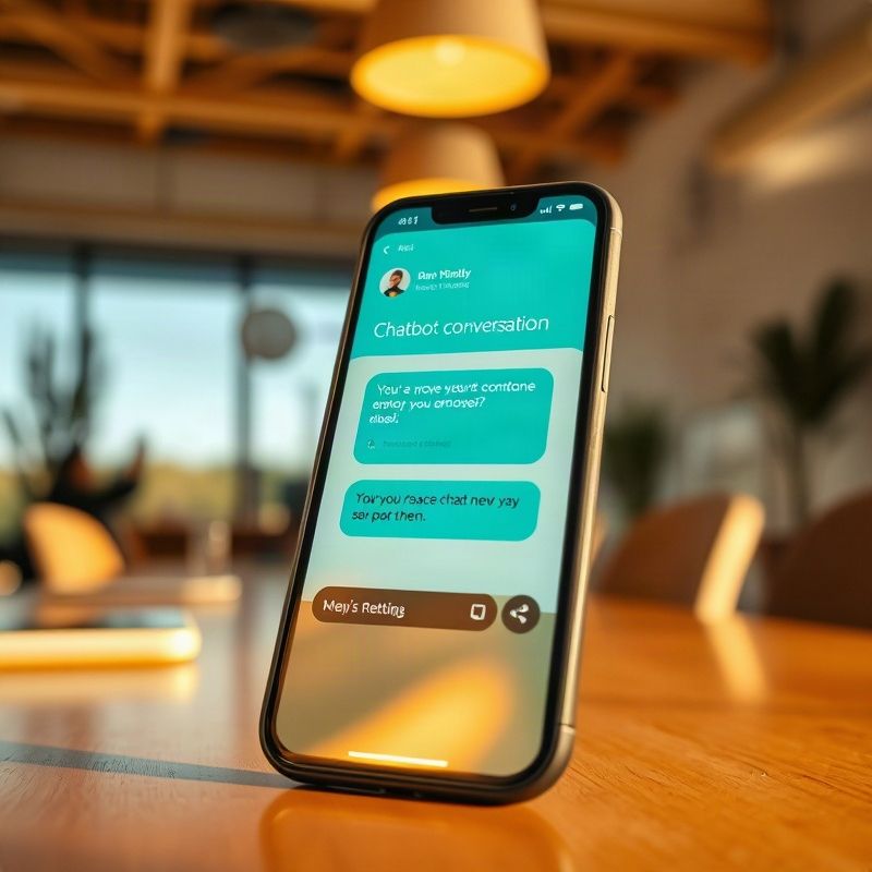A smartphone showing a teal chatbot conversation widget in a Kenyan office