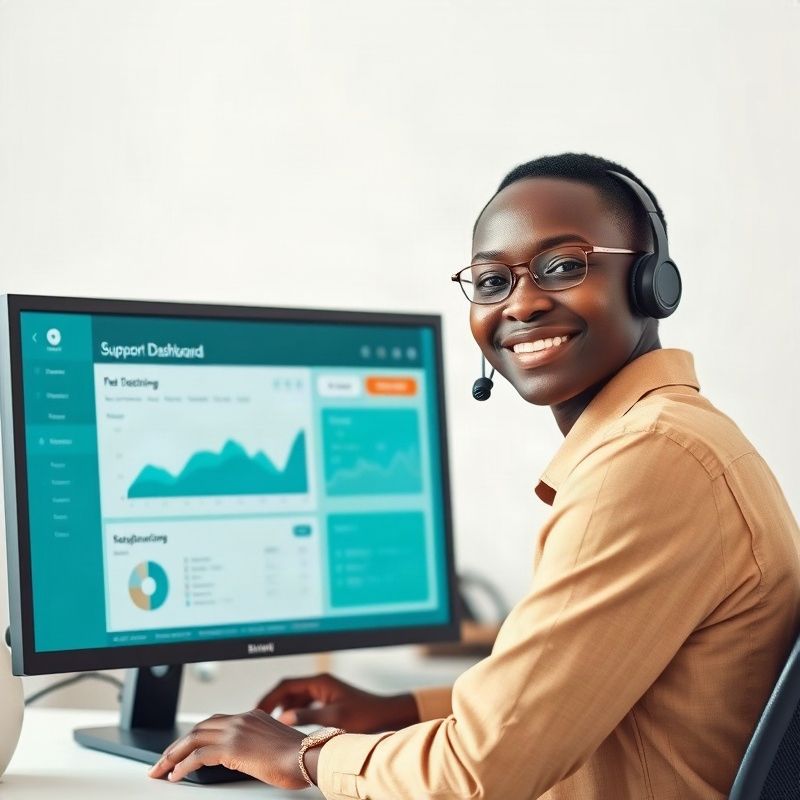 Kenyan customer service professional at a monitor showing a teal support dashboard
