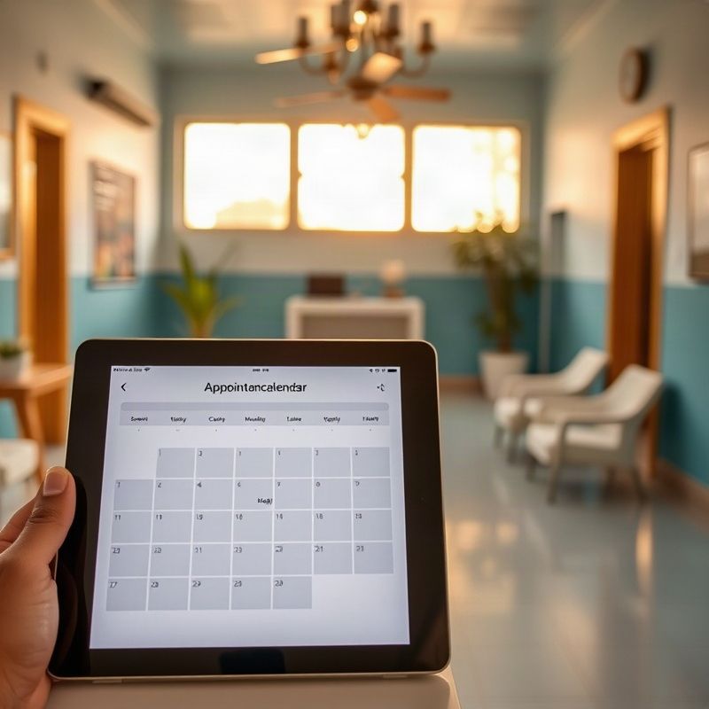 An appointment calendar on a tablet in a bright teal-and-white Kenyan clinic reception