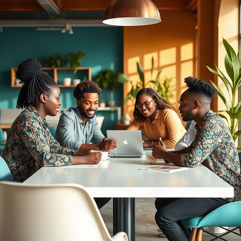 Diverse Kenyan tech team collaborating in a modern Malindi co-working space
